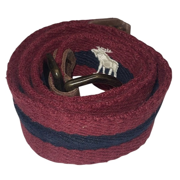 Abercrombie & Fitch D Ring Belt Maroon Blue Embroidered Moose Retro Preppy Retro - Picture 1 of 10